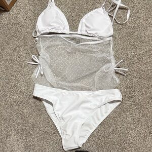 White Bikini Set Girls Size 14-16 3 Piece Swimsuit bathing suit with sarong